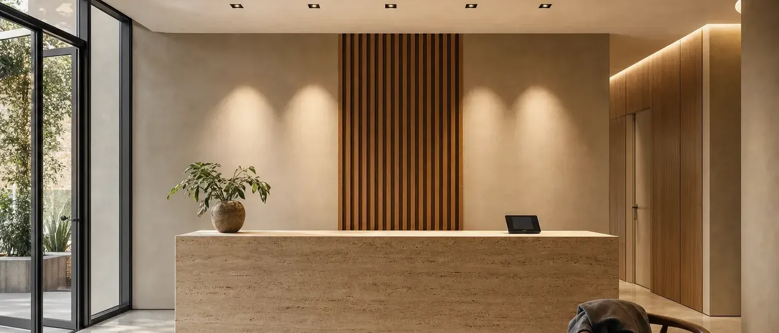 Square recessed downlights in a hospitality reception