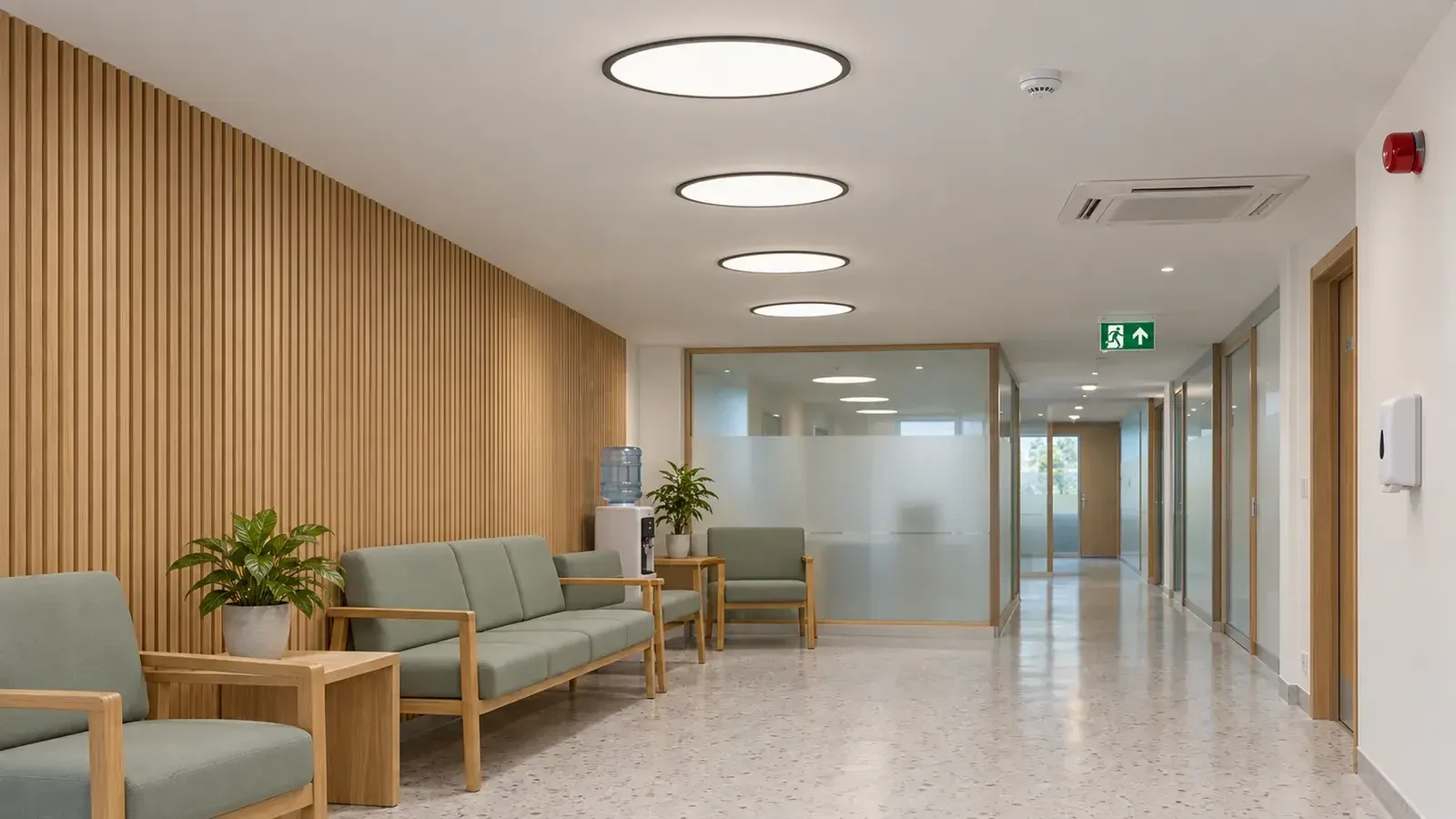 Recessed downlights in a reception lobby