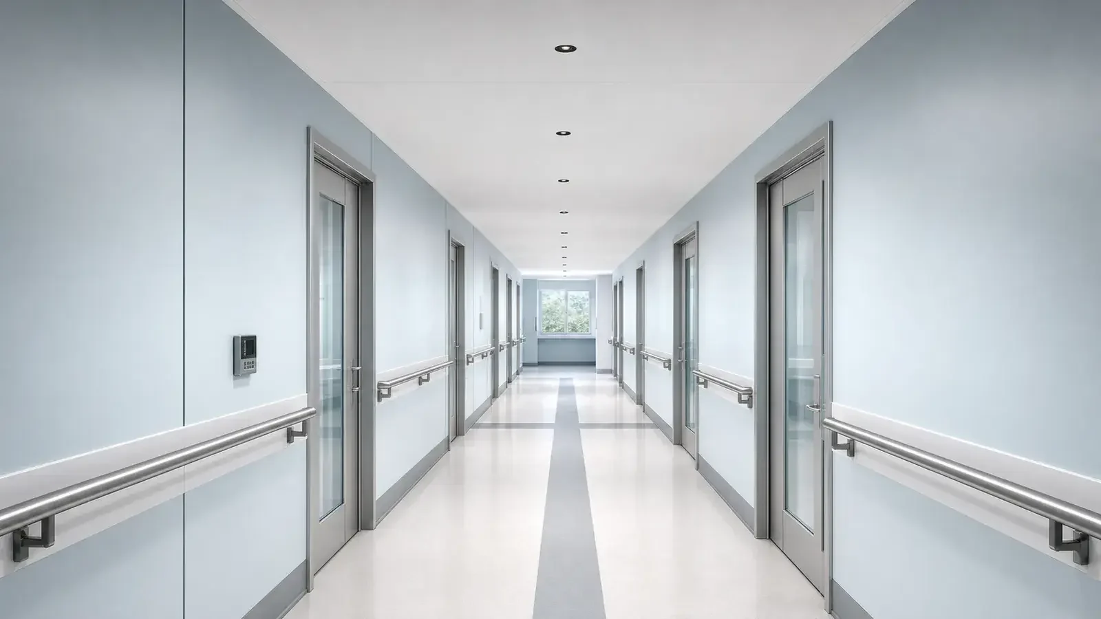 Recessed downlights in a clinical corridor